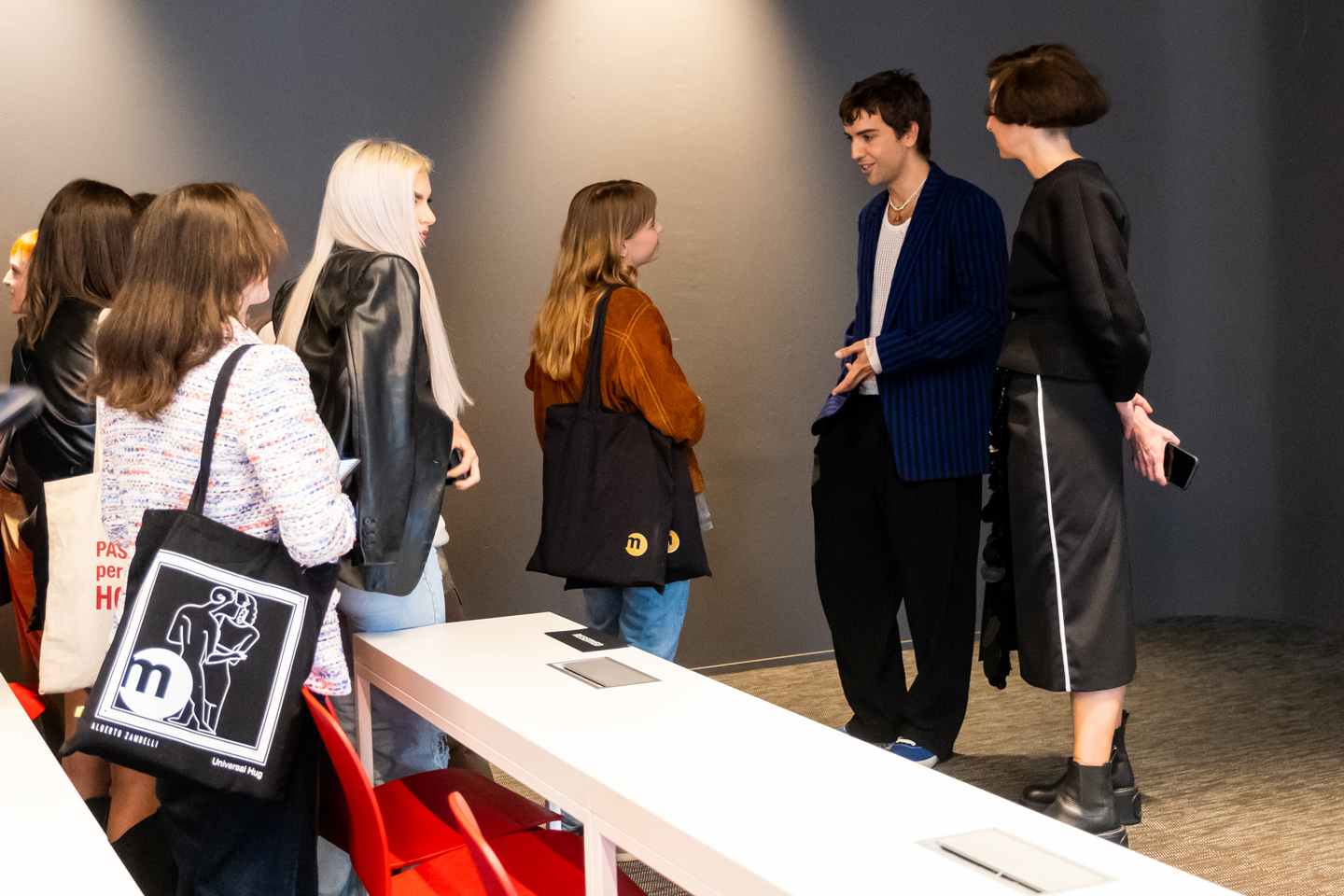 Calza talking to students after his lecture