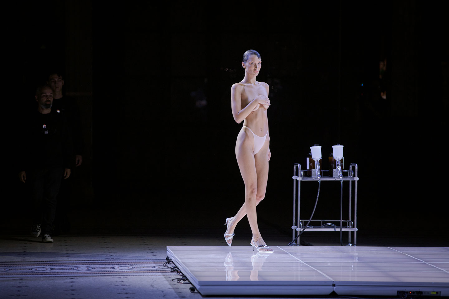 Bella Hadid walking onto the Coperni runway