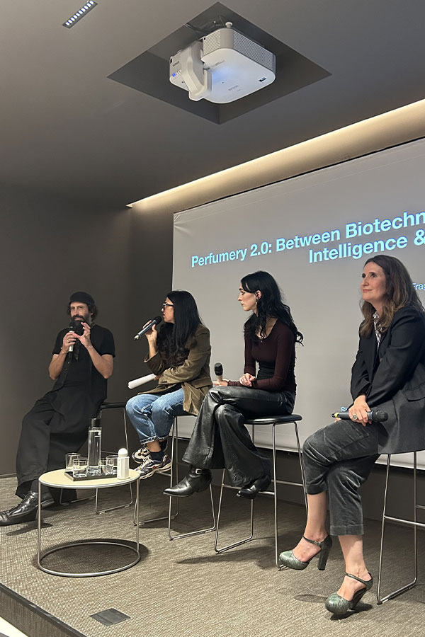 Meo Fusciuni (Perfumer and Founder of his eponymous brand of “emotional scents”), SSSINISTER (the TikTok handle of Matilda Morri, a Fragrance Expert, Content Creator, and Writer), and Viviana Barker-Hemings (Marketing Director of Coty Italia Prestige Brands) during an exclusive interview at Istituto Marangoni Milano