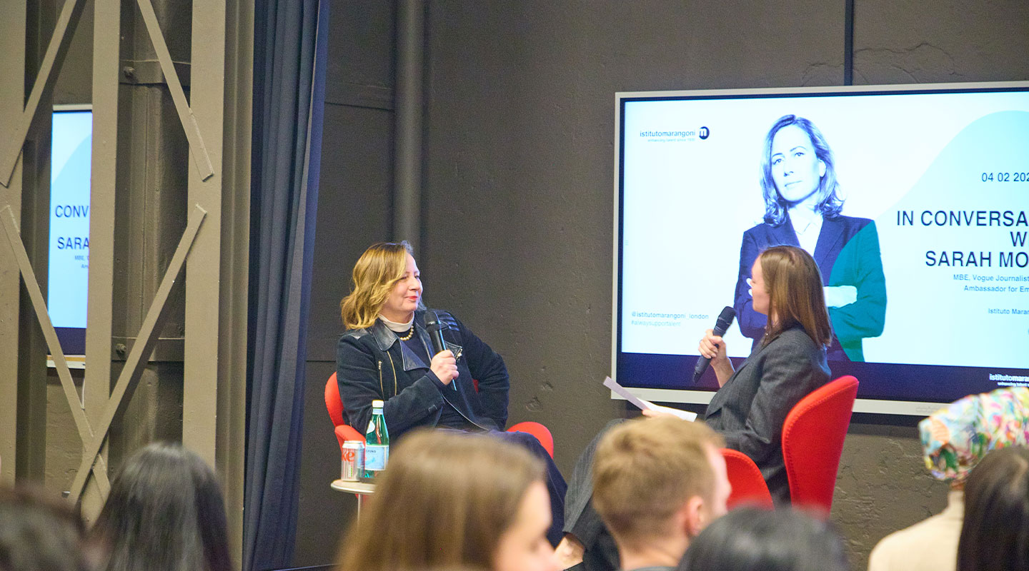 Sarah Mower, journalist and critic for Vogue and BFC Ambassador for Emerging Talent, during an inspirational conference hosted at the Istituto Marangoni in London.