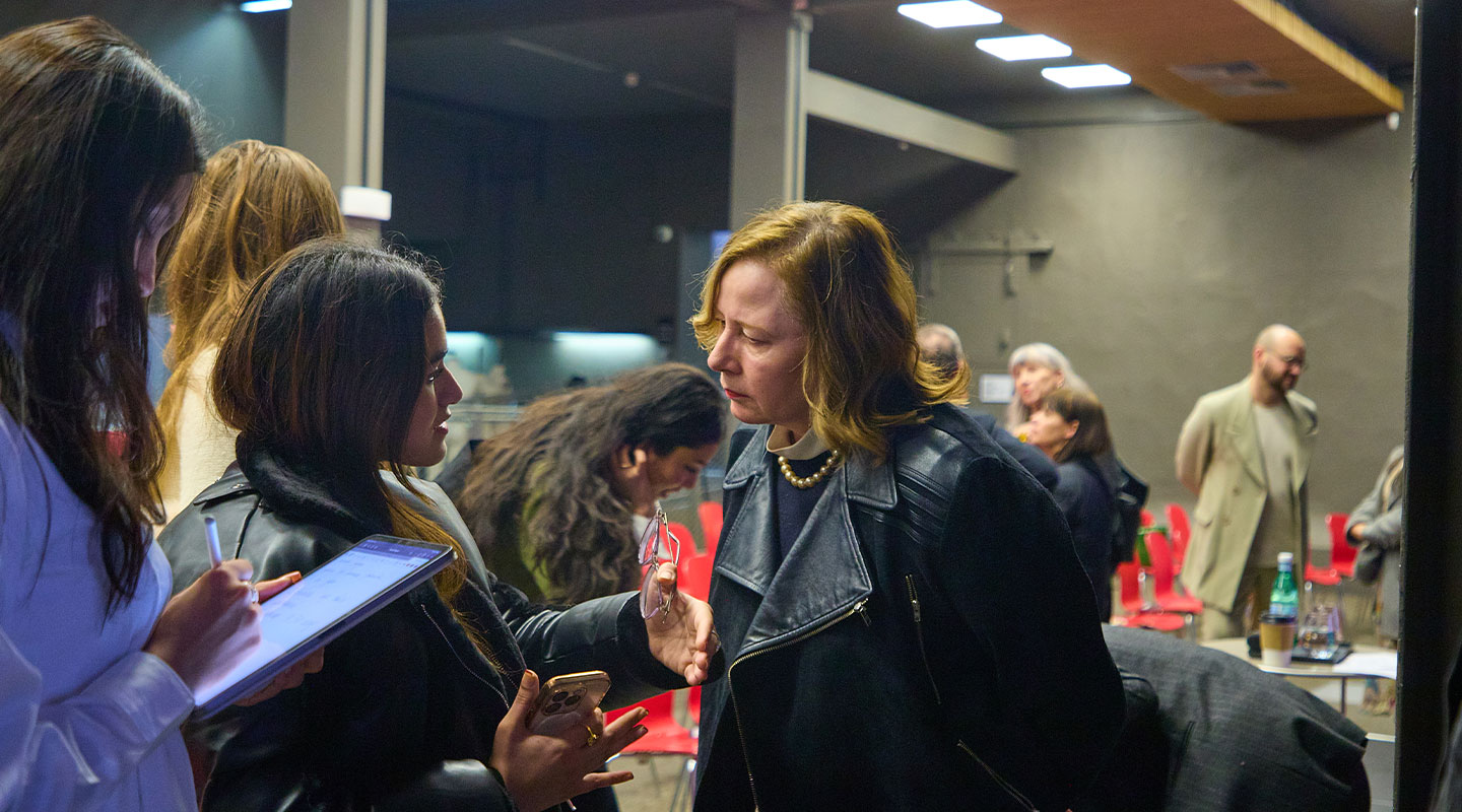 Sarah Mower, journalist and critic for Vogue and BFC Ambassador for Emerging Talent, during an inspirational conference hosted at the Istituto Marangoni in London.