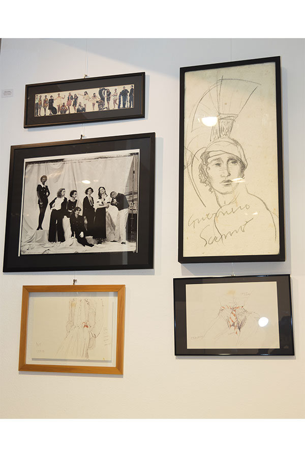 Sketches and unpublished photographs by Franco Moschino, featured in the exhibition at MyOwnGallery in Tortona's Superstudio. 