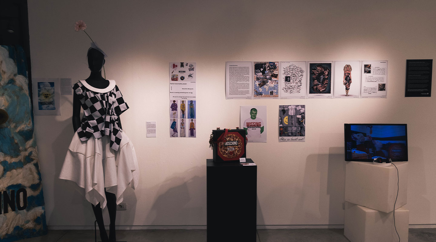 The exhibition also showcases works by graduates of Istituto Marangoni, highlighting Franco Moschino's lasting impact on the next generation of creatives