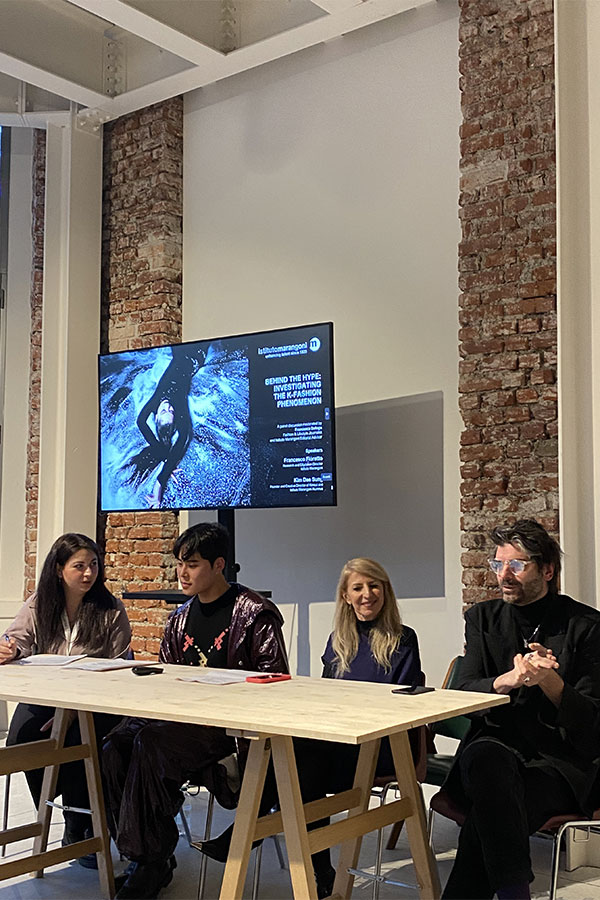 Francesco Fioretto, Research and Education Director at Istituto Marangoni and Francesca Delogu, Fashion and Lifestyle Journalist in conversation with Kim Dae Sung, Founder and Creative Director of Kimoui during the Milano Love Seoul event