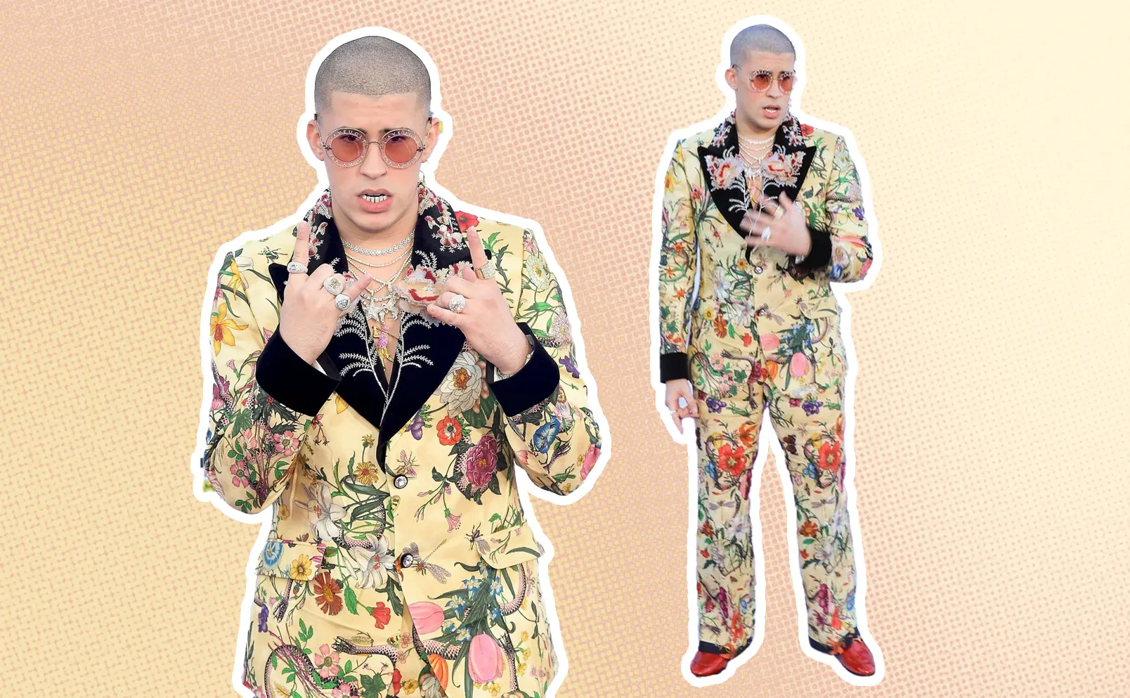 Bad Bunny, at the 2017 Latin American Music Awards, rocks a yellow floral Gucci suit with diamond rings. Graphics by Alumna and visual Designer Constanza Coscia