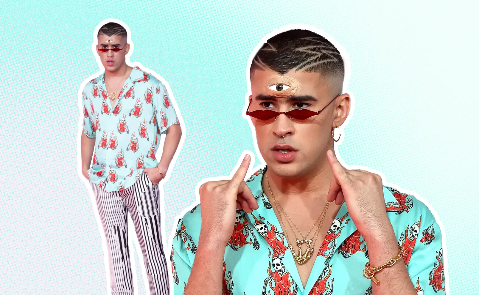Bad Bunny, at the 2018 American Music Awards, rocks a blue skull shirt by SSS World Corp, striped pants, chunky white Prada sneakers, and a third-eye graphic on his forehead. Graphics by Alumna and visual Designer Constanza Coscia