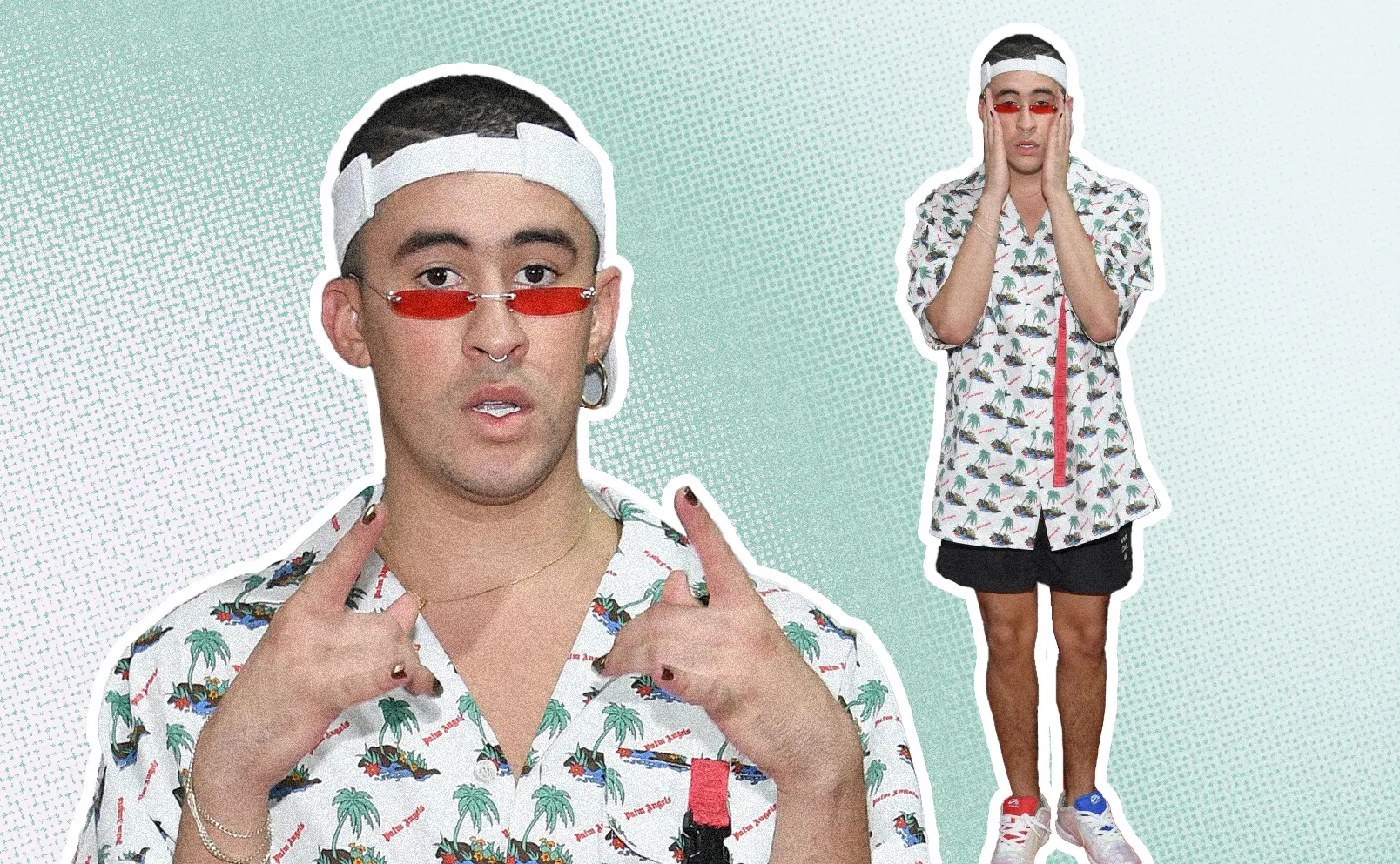 Bad Bunny, at the 2018 iHeartRadio Music Festival, sports streetwear with a shaved head, sunglasses, and sneakers. Graphics by Alumna and visual Designer Constanza Coscia