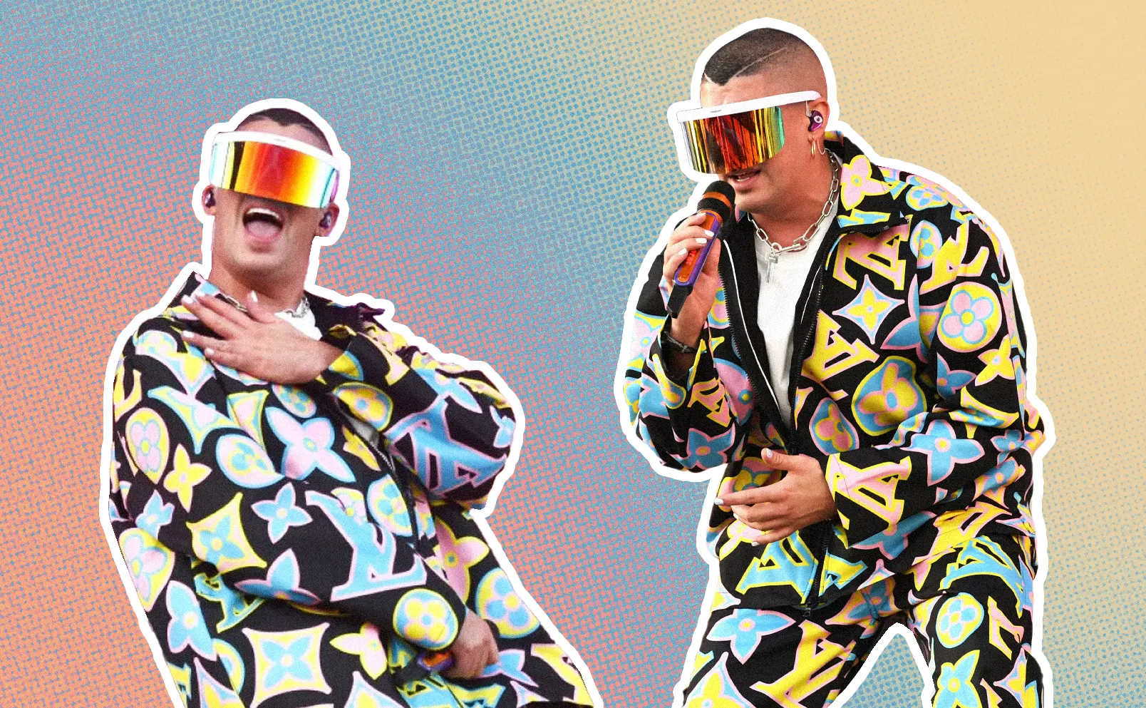 Bad Bunny, at the 2019 Coachella, steps up his fashion game in a rainbow Louis Vuitton outfit and visor-like sunglasses. Graphics by Alumna and visual Designer Constanza Coscia