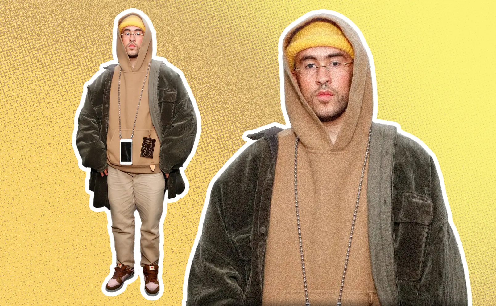 Bad Bunny, at SiriusXM’s Town Hall in 2020, stuns in a $3,000 Louis Vuitton Staples hoodie and rare Stussy x Nike SB “Cherry” Dunk Lows from 2005. Graphics by Alumna and visual Designer Constanza Coscia