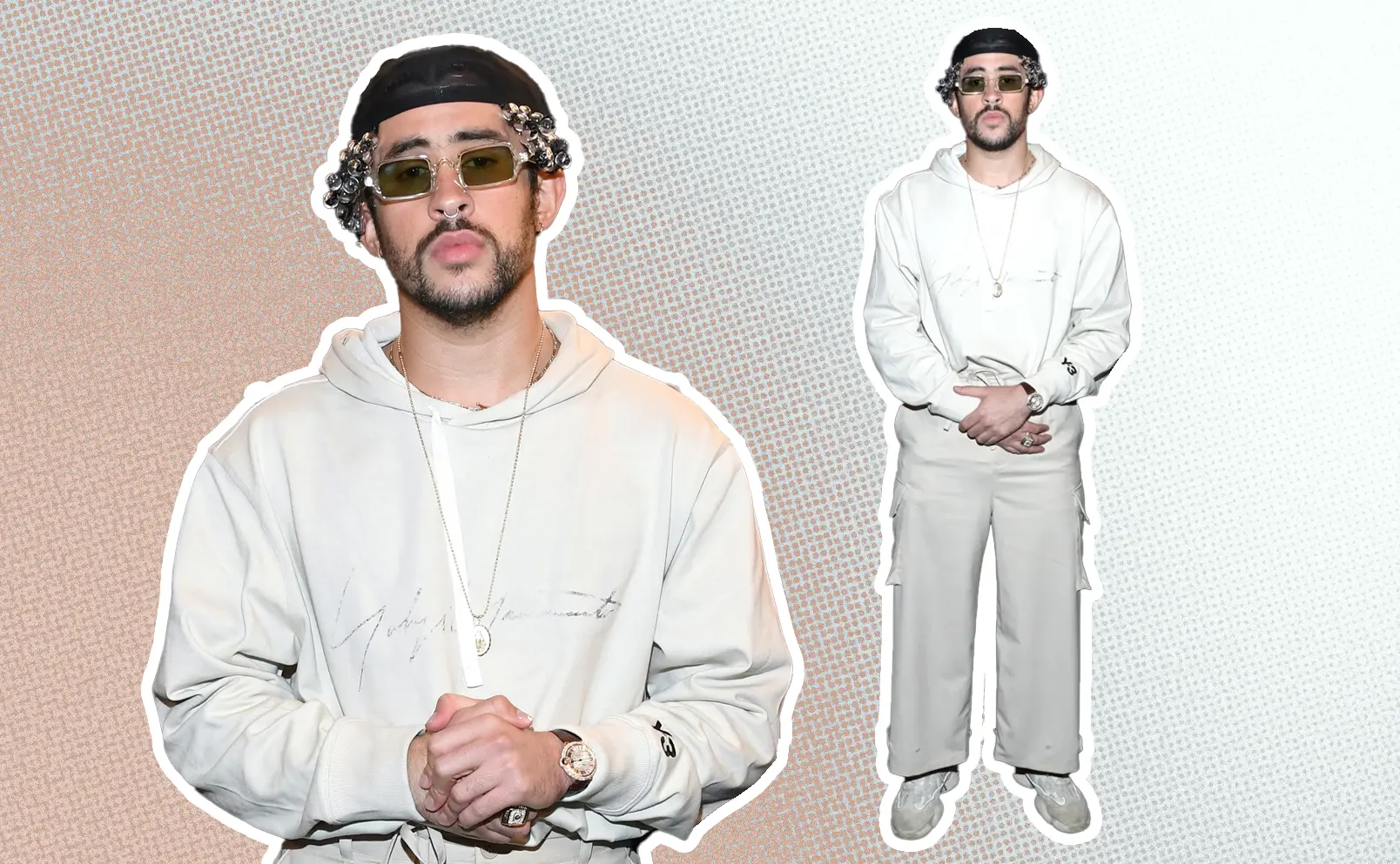 Bad Bunny, at the 2020 Billboard Music Awards, embraces a Latin-inspired look with braided hair and an all-white elevated streetwear ensemble. Graphics by Alumna and visual Designer Constanza Coscia