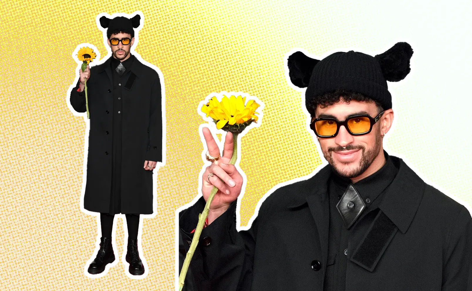 Bad Bunny, at the 2021 Grammy Awards, rocks an all-black outfit with a playful Burberry beanie with ears, orange-tinted Bonnie Clyde sunglasses, and black crocodile leather combat boots. He adds a funky touch by holding a sunflower. Graphics by Alumna and visual Designer Constanza Coscia