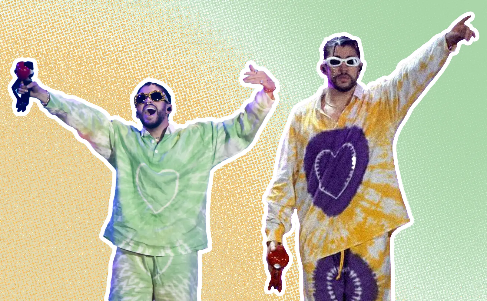 Bad Bunny, on the 2022 World’s Hottest Tour, rocks custom tie-dyed sets that match the beachy stage vibe. Graphics by Alumna and visual Designer Constanza Coscia