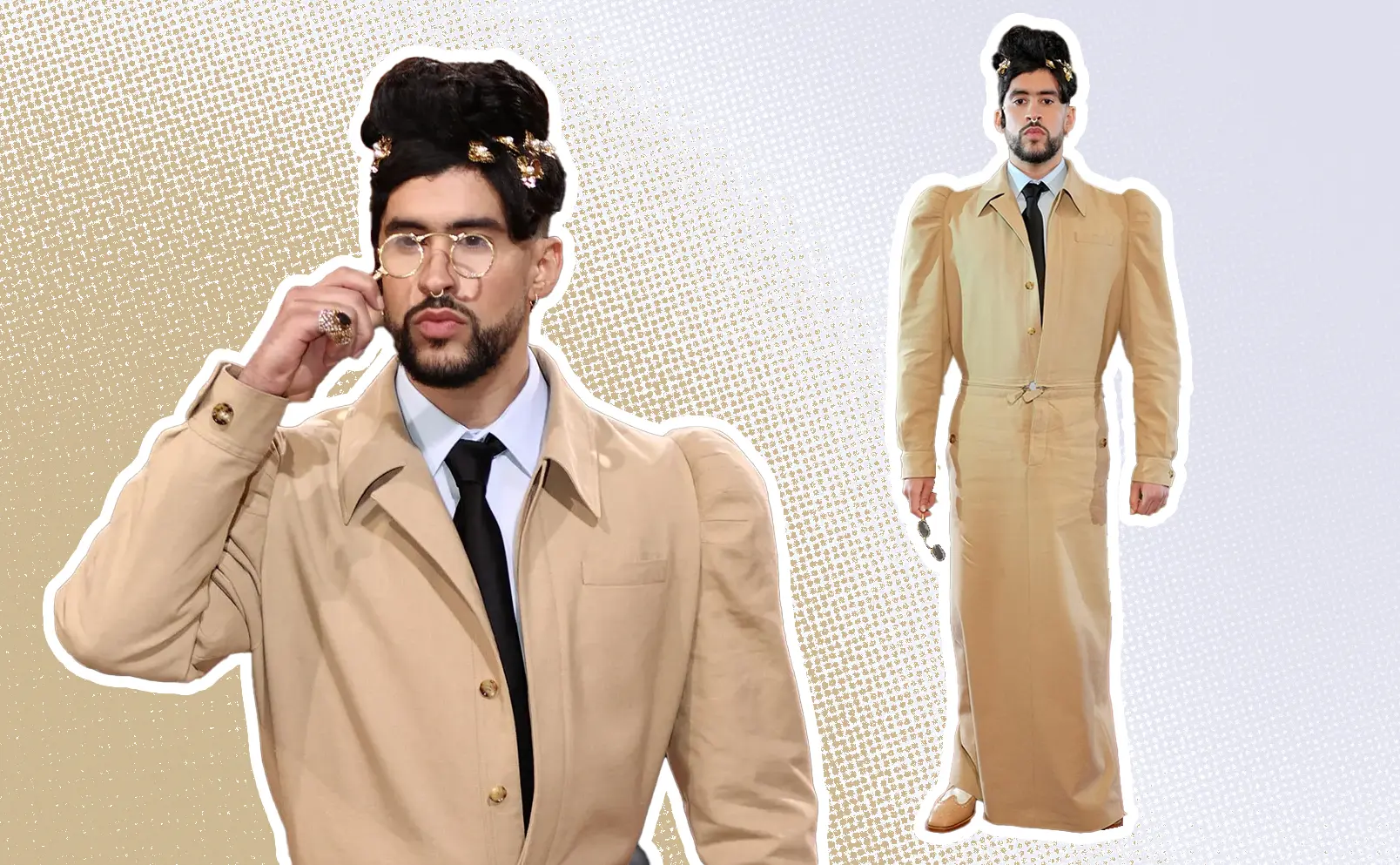 Bad Bunny, at the 2022 Met Gala, stuns in a cream Burberry boiler suit by Riccardo Tisci, paired with matching leather derby shoes and a mini bouffant adorned with bejewelled hair accessories. Graphics by Alumna and visual Designer Constanza Coscia