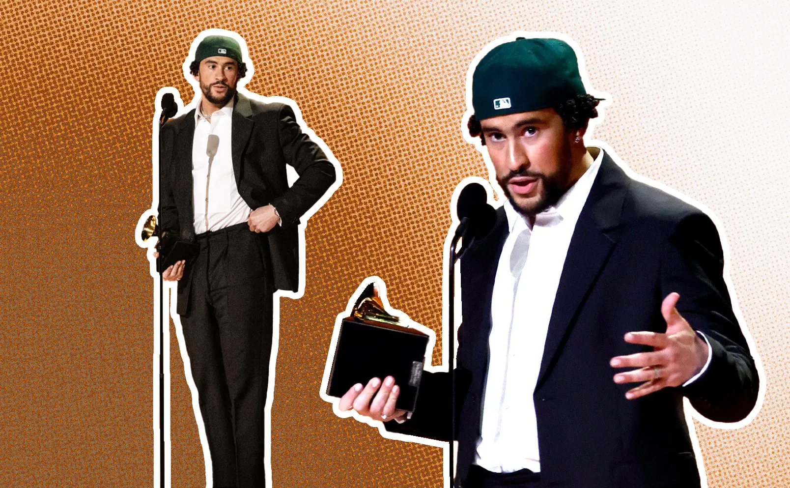 Bad Bunny, at the 2023 Grammy Awards, pairs a classic suit with a New Era Los Angeles Dodgers cap, featuring a grey under-brim, celebrating his win for Best Música Urbana album. Graphics by Alumna and visual Designer Constanza Coscia