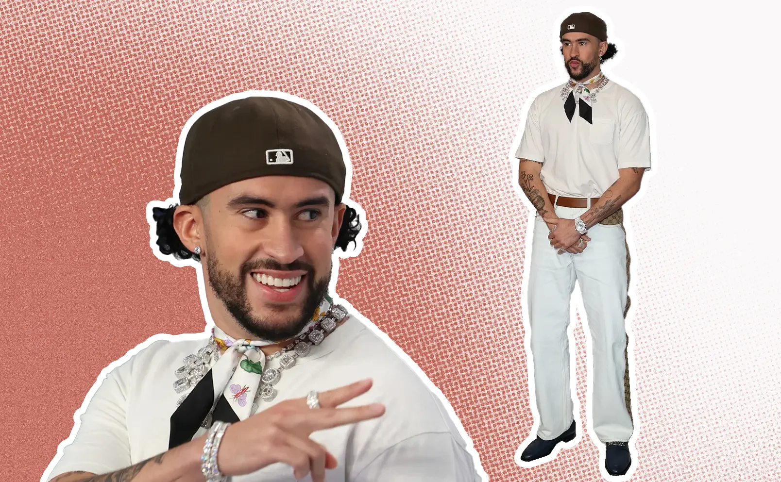 Bad Bunny, at the 2023 Billboard Latin Music Awards, keeps it simple yet stylish in a white Gucci ensemble with GG detail washed jeans. Graphics by Alumna and visual Designer Constanza Coscia
