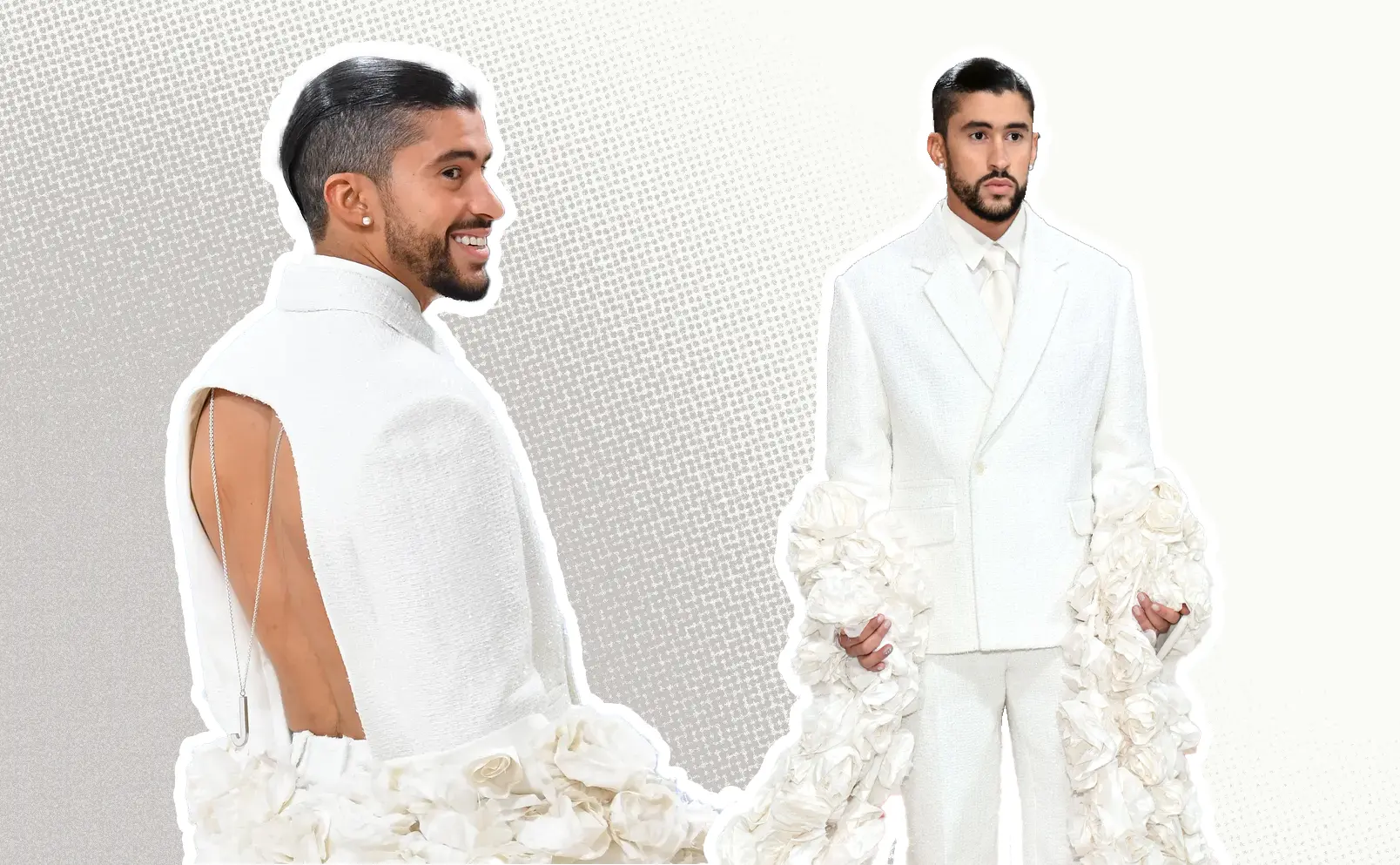 Bad Bunny, at the 2023 Met Gala, stuns in an all-white Jacquemus look featuring a double-breasted tweed suit, backless shirt, white derby shoes, and an eight-meter-long rosette train cape. Graphics by Alumna and visual Designer Constanza Coscia