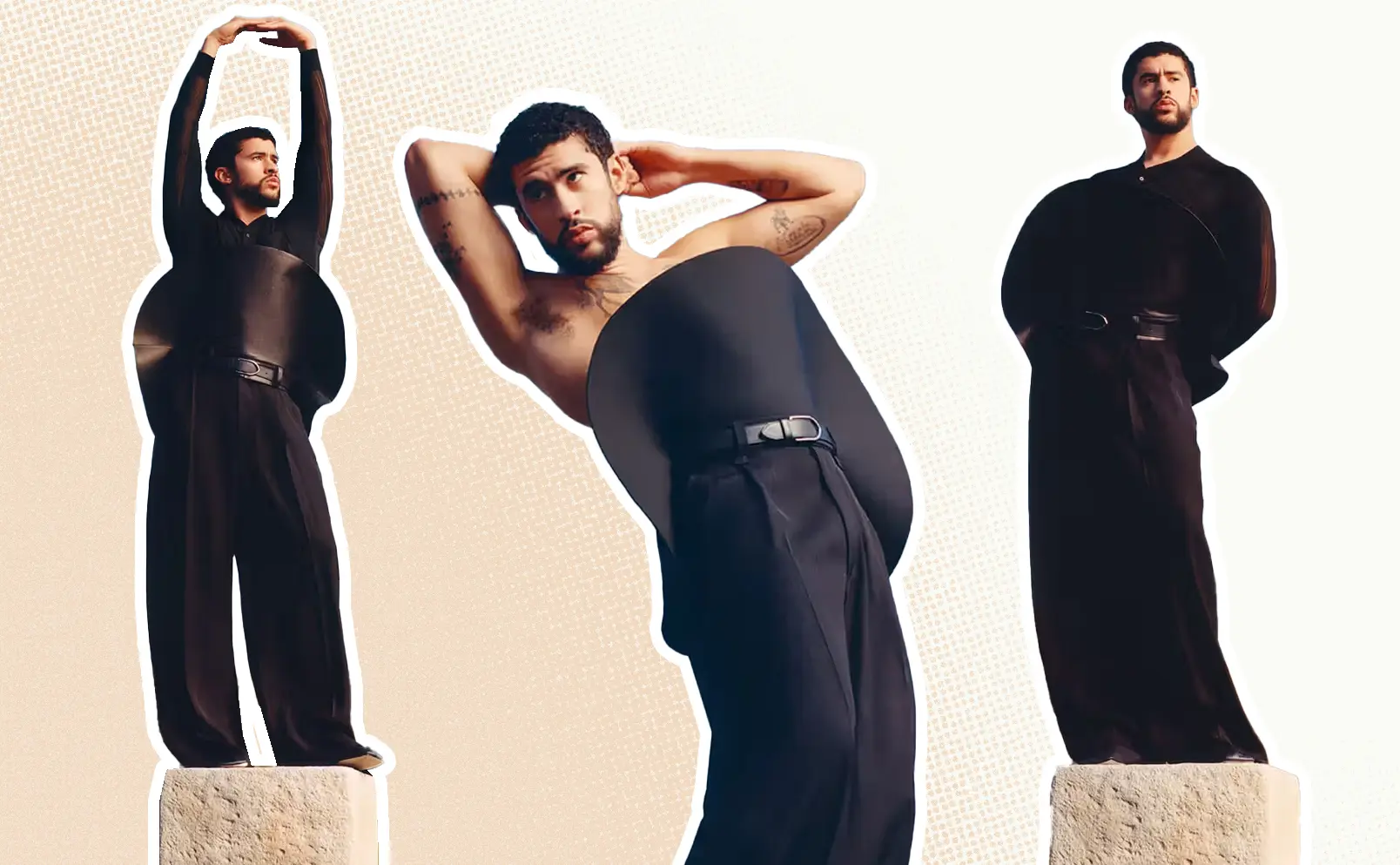 Bad Bunny, in the 2024 Les Sculptures Jacquemus campaign, transforms into a work of art, posing atop stone pedestals. Graphics by Alumna and visual Designer Constanza Coscia