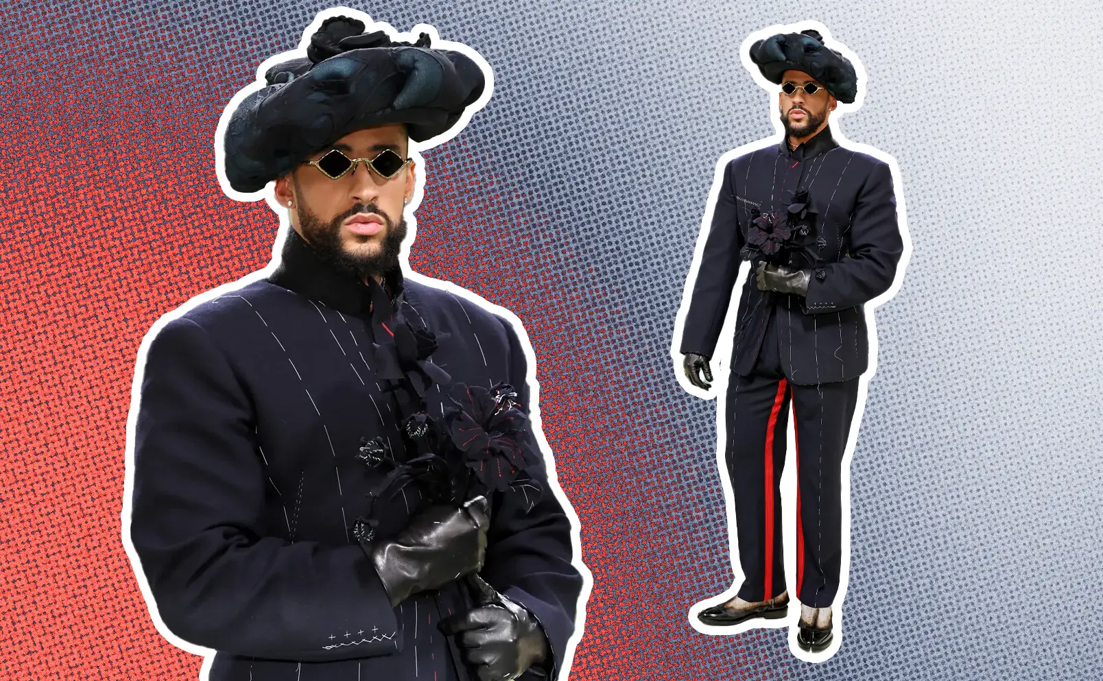 Bad Bunny, co-chairing the 2024 Met Gala, stuns in a custom Maison Margiela Artisanal suit by John Galliano, holding a bouquet with flor de maga, roses, and flax, celebrating his Puerto Rican heritage. Graphics by Alumna and visual Designer Constanza Coscia