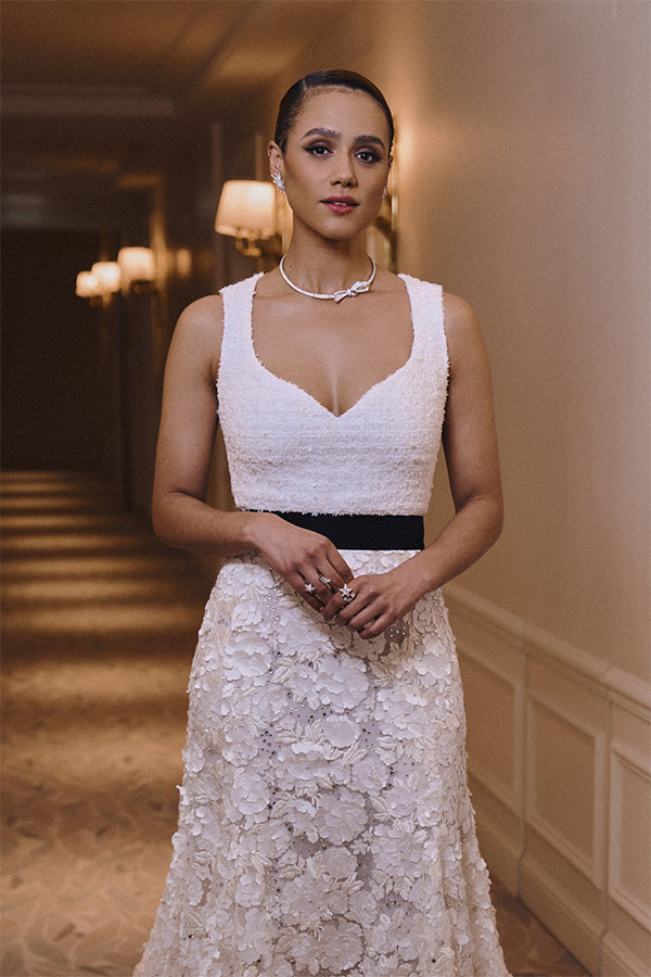 Nathalie Emmanuel wearing Chanel’s Ruban necklace in 18K white gold and diamonds for the Cannes Film Festival 2024. Courtesy of Chanel