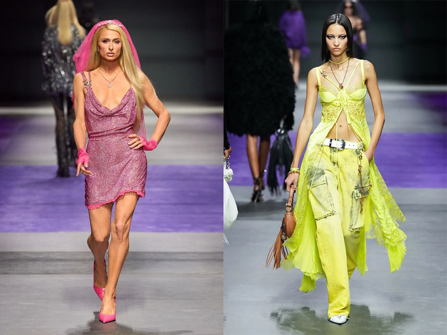Các bộ trang phục tại sự kiện ra mắt bộ sưu tập xuân hè 2023 của Versace tại Milan. Biểu tượng thời trang những năm 2000, Paris Hilton, đã là người kết màn chương trình do Donatella Versace tưởng tượng