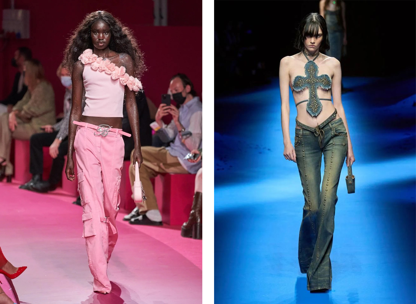 Blumarine do cựu học viên của Istituto Marangoni Nicola Brognano đã đưa những năm 2000 trở lại thời trang. Từ trái sang phải: những bộ trang phục từ bộ sưu tập xuân hè 2022 và xuân hè 2023 của Blumarine