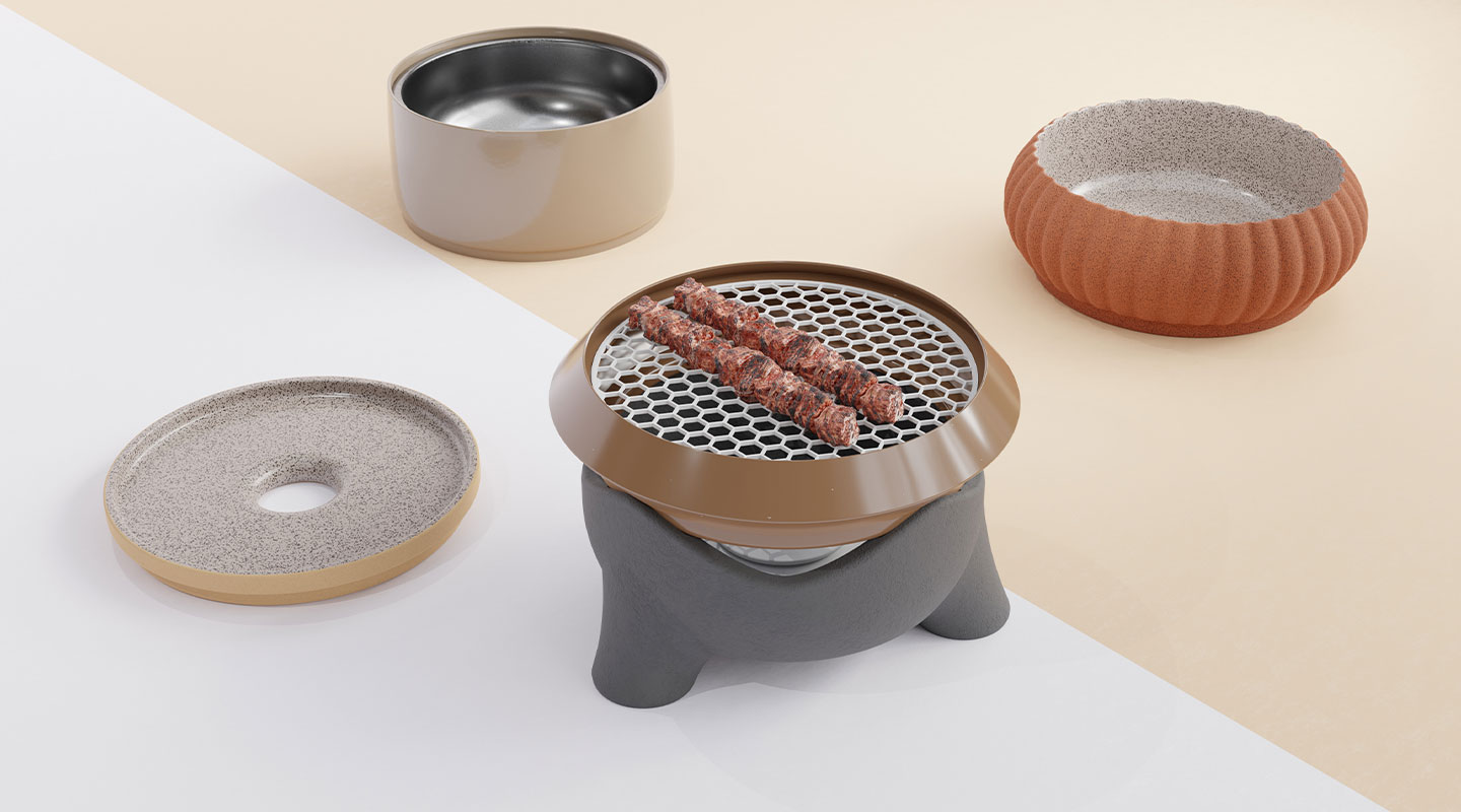 Tower of Taste by Anastasiia Kuleshova is a versatile cookware set that includes a fondue, grill, open fire for roasting, and hot pot, promoting the sharing of food for cultural exchange.