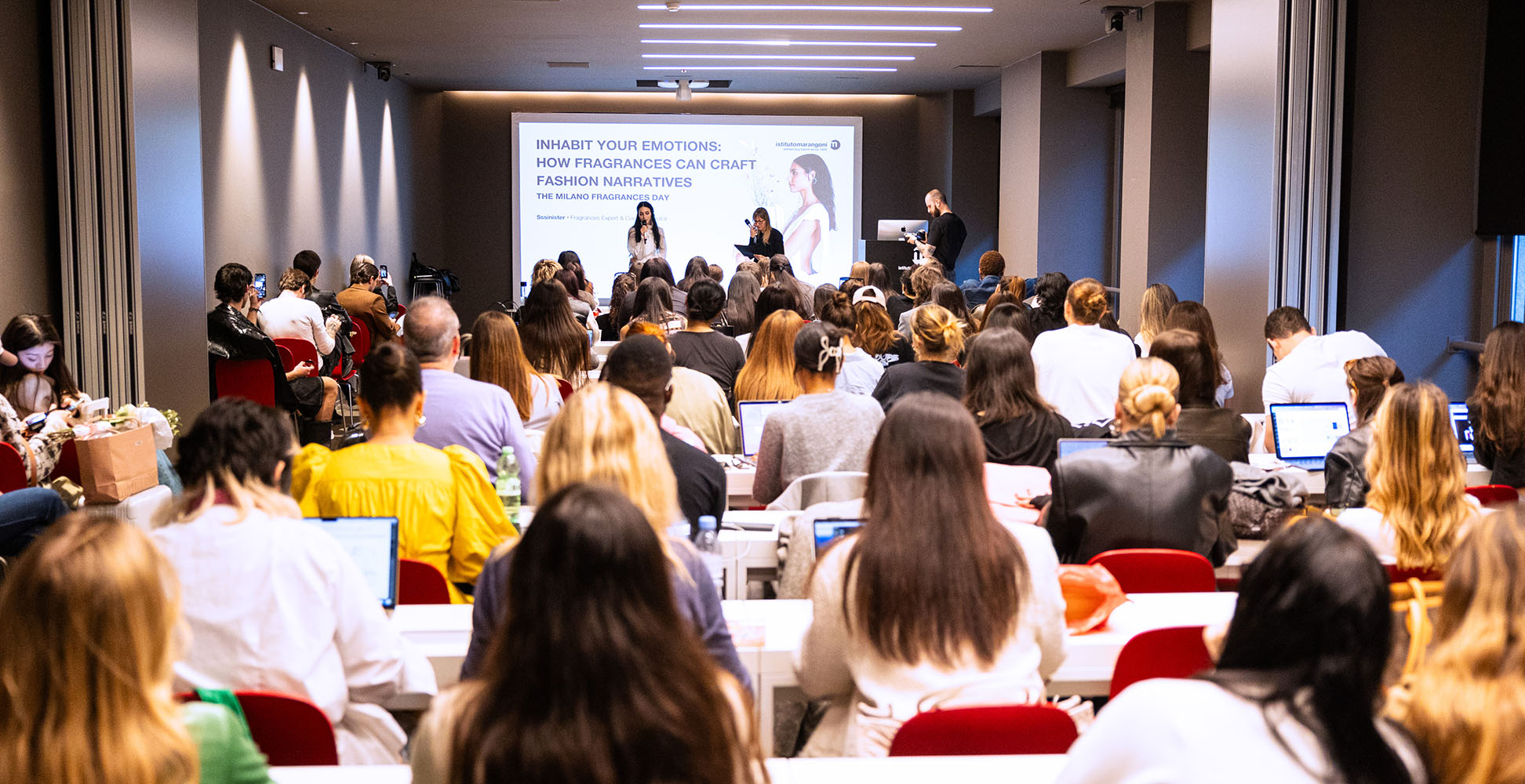 The perfume webstar Ssinister (stage name of Matilda Morri) during the special talk with Istituto Marangoni Milano Fashion students